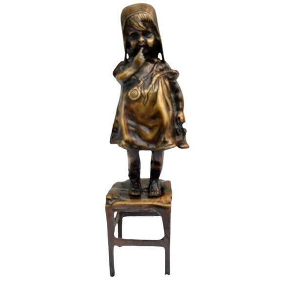 Juana Clara Art Nouveau “Girl Standing On Chair”‎ Sculpture Signed Bronze Statue